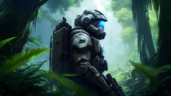 Astronaut in the deep green jungle. High quality photo