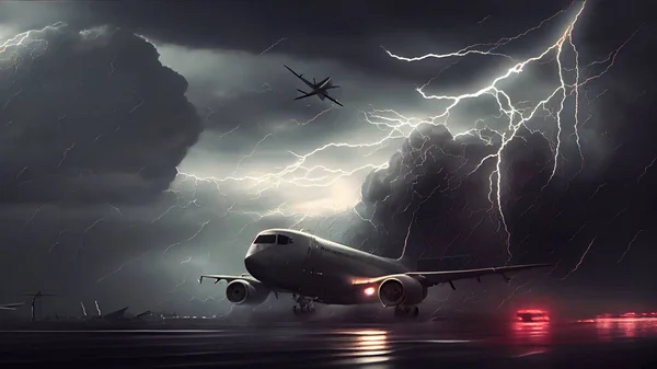 Airplane in storm. Mixed media. Mixed media. Mixed media. High quality photo