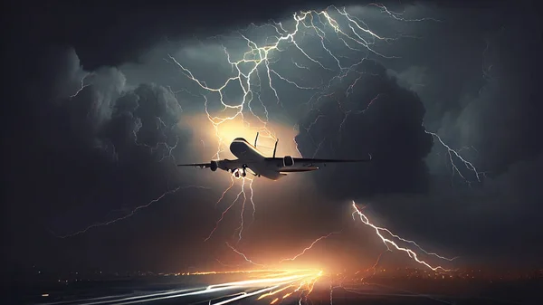 Airplane in thunderstorm. Mixed media. Mixed media. Mixed media. High quality photo