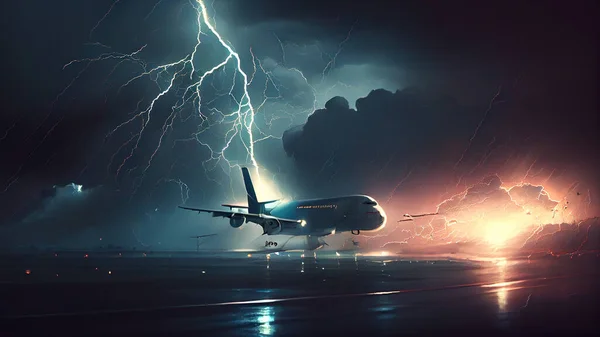 Airplane in thunderstorm with lightning. Mixed media. Mixed media. High quality photo