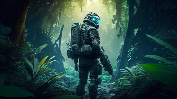 Fantasy landscape with a soldier in the jungle. High quality photo