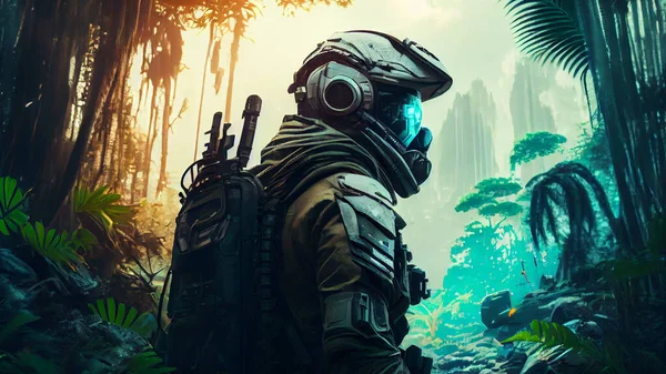 Man in spacesuit and helmet in the jungle. High quality photo