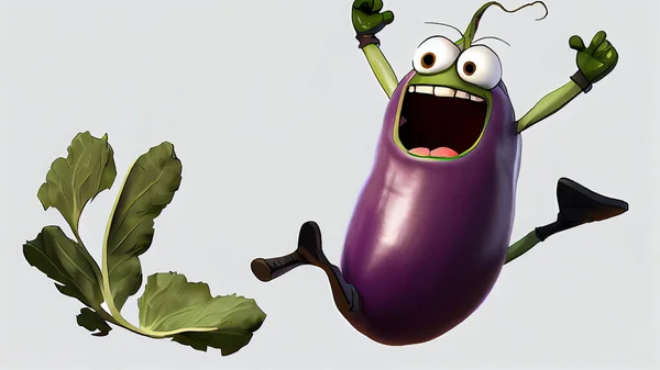 Çizgi Film Patlıcan Karakteri Yüzünde Mutlu Bir Ifadeyle Zıplıyor Yüksek — Stok fotoğraf