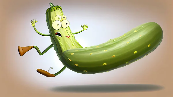 Cartoon funny cucumber character running and jumping. High quality photo