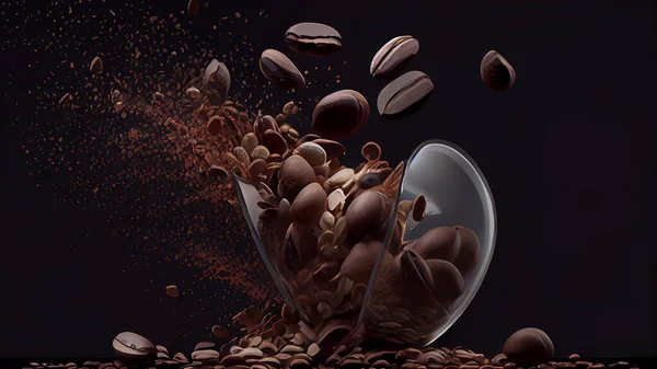 chocolate and coffee beans falling out of glass cup. High quality photo