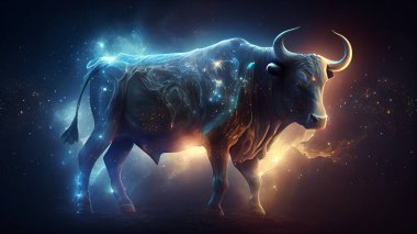 Fantasy image of bull in dark space. 3D illustration. High quality photo