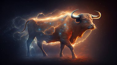 Fantasy image of a big bull with lightning on a dark background. High quality photo