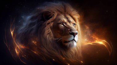 Lion with fire effect on a dark background. zodiac. High quality photo