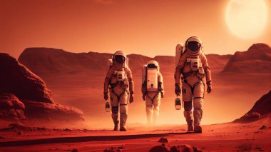 Astronauts in the desert at sunset. High quality photo