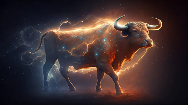 Képzeletbeli Kép Egy Nagy Bikáról Villámokkal Sötét Háttérben Kiváló Minőségű — Stock Fotó