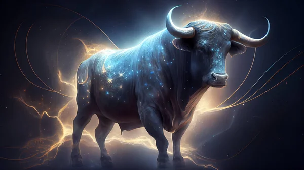 Black bull with lightning effect on dark background. 3D illustration. High quality photo