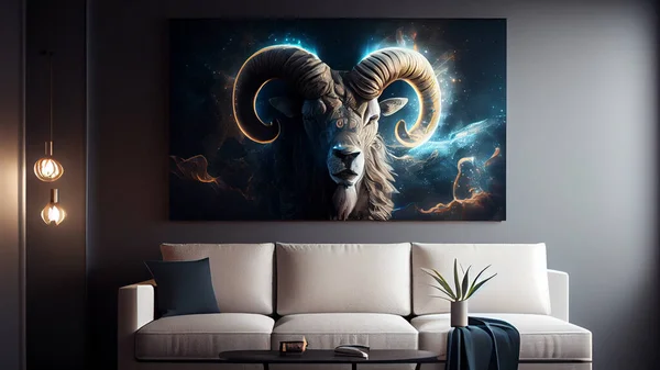 Modern interior design of living room with white leather sofa and art painting on wall. High quality