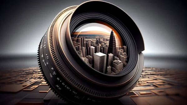 照相机镜头投射在城市的背景上 3D插图 高质量的照片 — 图库照片