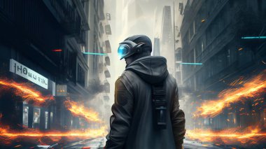 Man in a gas mask on a city street. High quality photo