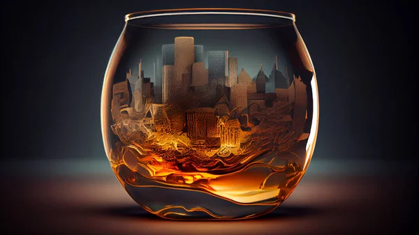 玻璃瓶与城市景观在黑暗的背景 高质量的照片 — 图库照片