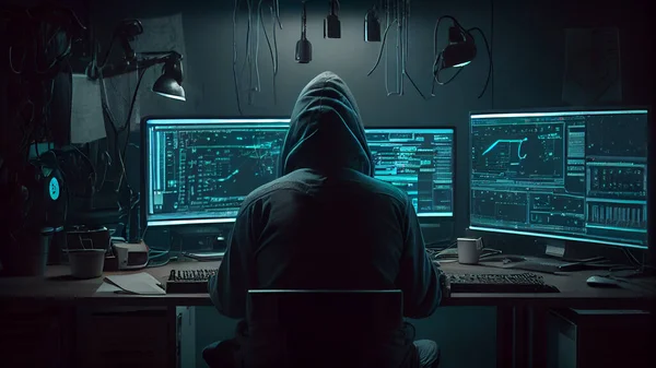 A hacker in a dark room with computers. The concept of cybercrime. High quality photo
