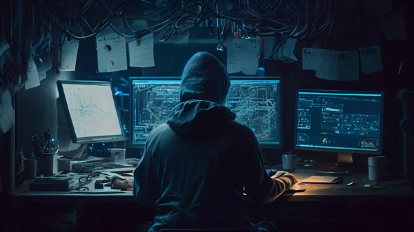 Hacker in a dark room with computers. Cybercrime concept. High quality photo