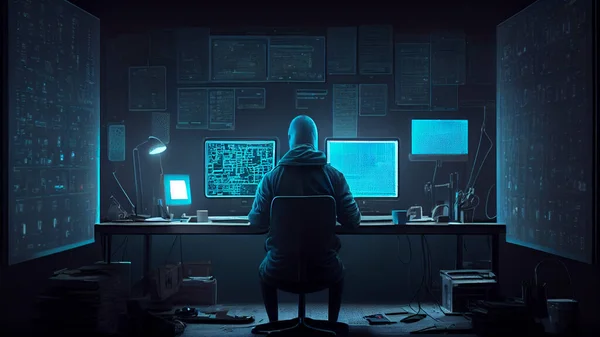 Hacker Sentado Frente Una Pantalla Computadora Con Código Binario Fondo —  Fotos de Stock