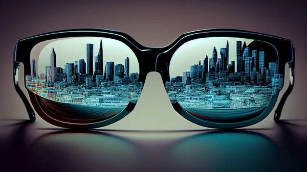 Óculos Sol Com Cidade Fundo Foto Alta Qualidade — Fotografia de Stock