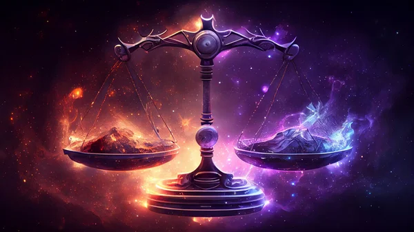 Digital illustration of Scales of justice in abstract space background.