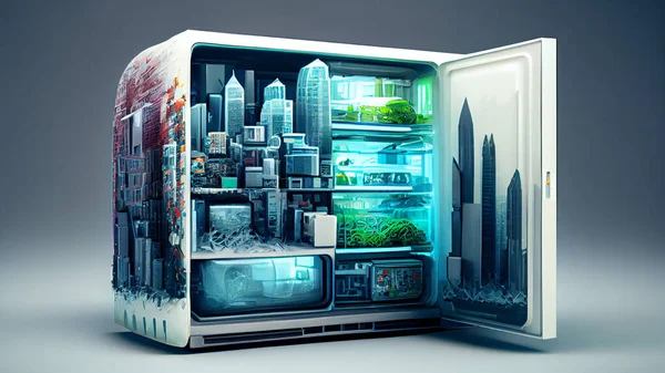 一个未来派城市的3D 以冰箱的形式出现 高质量的照片 — 图库照片