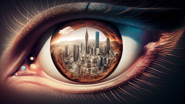 Eye with city view in the background. 