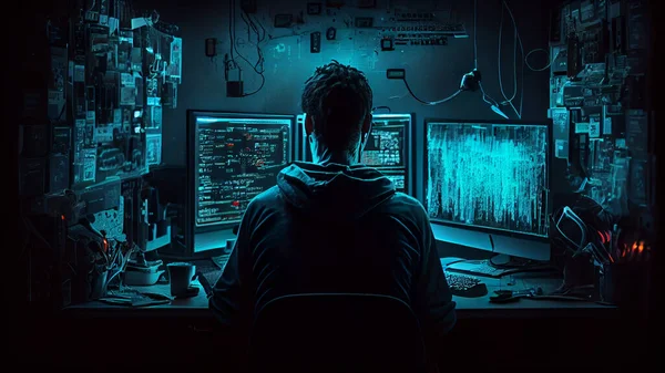 A hacker in a dark room with computers. The concept of cybercrime. High quality illustration