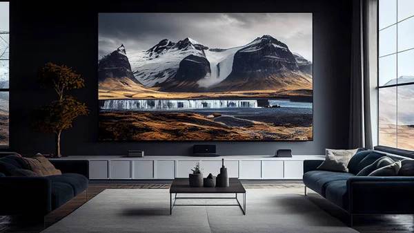 Modern bright interiors apartment 3D illustration of the living room. High quality photo