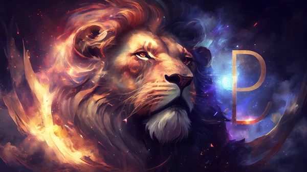 Lion zodiac in the background of a colorful fire and smoke. High quality photo