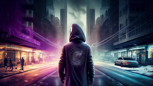 Mysterious Man Hooded Sweatshirt Night City Background High Quality Photo — Stockfoto