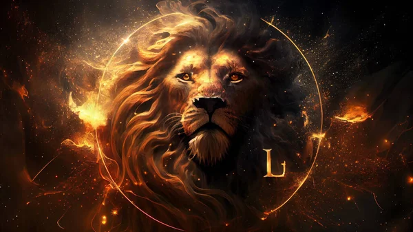 狮子头在太空与火和星星 幻想插图 高质量的照片 — 图库照片