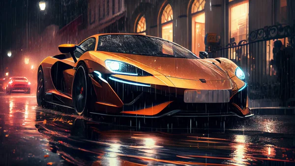 Futuristic sports car in the rain. High quality photo
