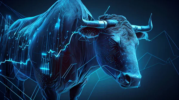 Digital illustration of a bull head with financial charts. High quality photo