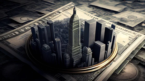 Business background with money and skyscrapers. 3D illustration. High quality photo