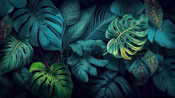 Tropical Background Monstera Leaves Design Banner Poster Print High Quality — стоковое фото