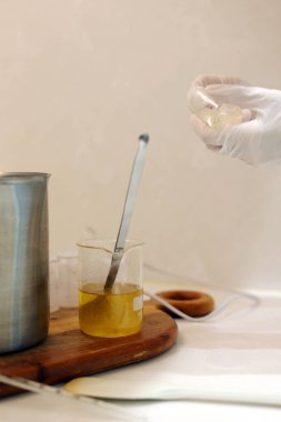 The beaker with spoon in the laboratory