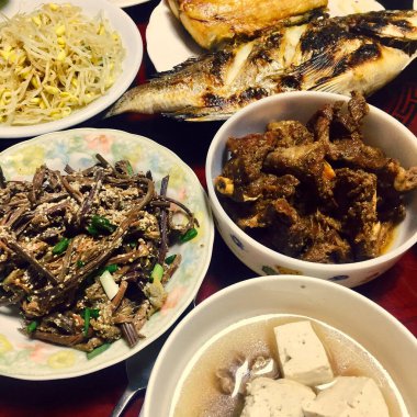 Korean dining table with many kind of Banchan(side dishes), Korean food culture