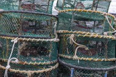 Balık ağları ve balıkçılık araçlarıyla dolu bir liman kasabası.