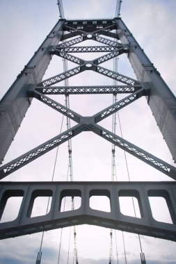 the famous bridge in the city with shining sky at background