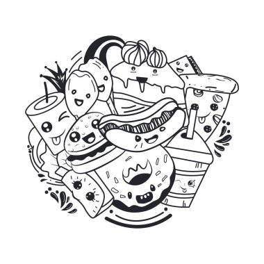 delicious fast food with funny faces and donuts vector illustration background