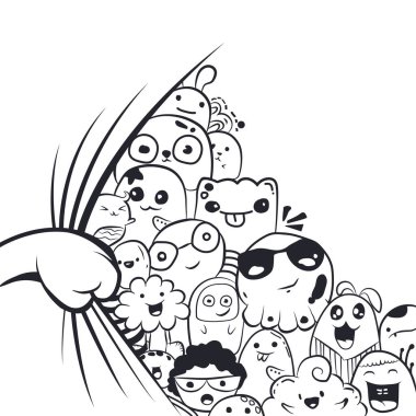 black and white illustration of cute doodles, line art doodles