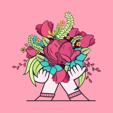 flowers design, floral nature plant garden decoration and hands holding flowers vector illustration, Happy valentine day