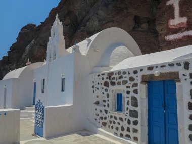 Santorini 'deki Oia köyünün manzarası. Yüksek kalite fotoğraf