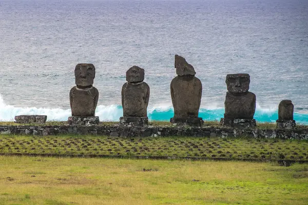 Moais 'ler gün batımında Tahai' de, Rapa Nui, Paskalya Adası. Yüksek kalite fotoğraf