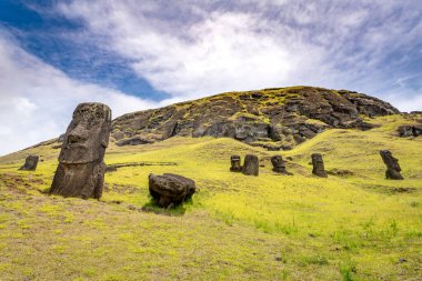 Moais, Rano Raraku taş ocağında, Rapa Nui, Paskalya Adası 'nda. Yüksek kalite fotoğraf