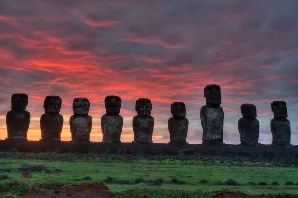 stock image moais in Tongariki at sunrise, Rapa Nui, Easter Island. High quality photo