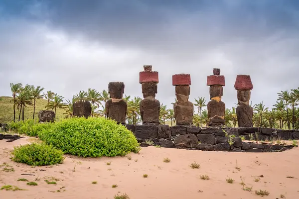 Moais Strand Von Anakena Rapa Nui Auf Der Osterinsel Hochwertiges — Stockfoto