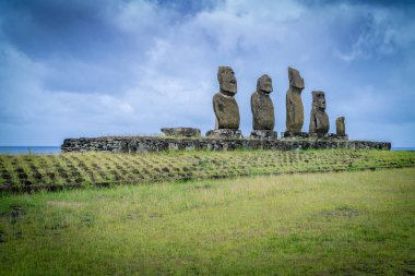 Tahai 'de moais, Rapa Nui, Paskalya Adası. Yüksek kalite fotoğraf