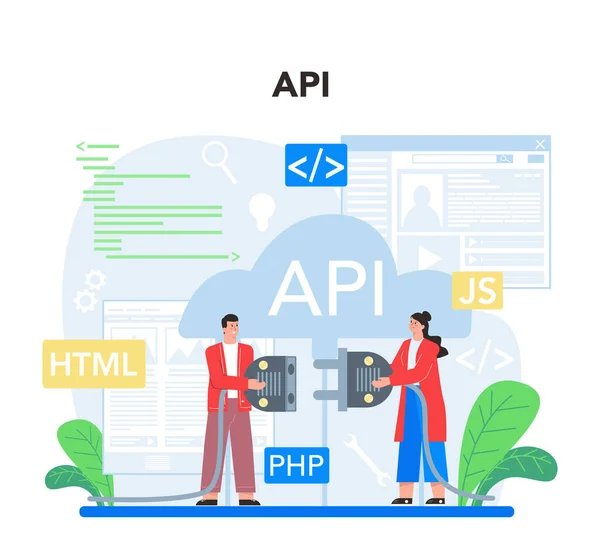 Application programming interface concept set. Software development process. Website interface design improvement. Programming and coding. IT profession. Isolated flat vector illustration