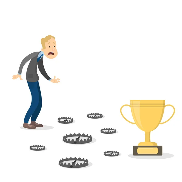 Businessman Risky Path Traps Golden Trophy — Διανυσματικό Αρχείο